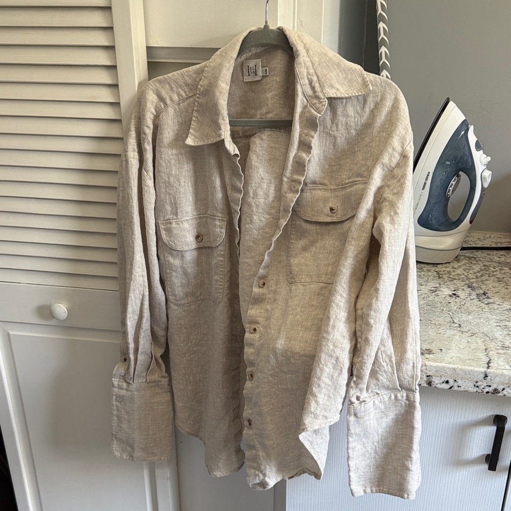 Oversized Light Beige Linen Button-Up Shirt Jacket